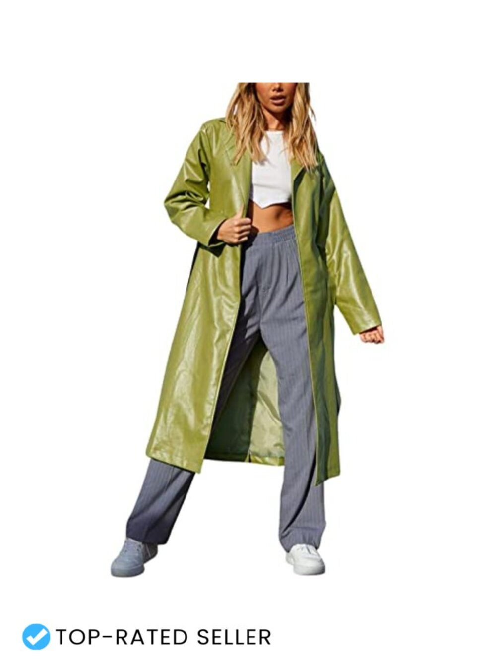 Women's Faux Leather Long Trench Coat with Belt Open Front